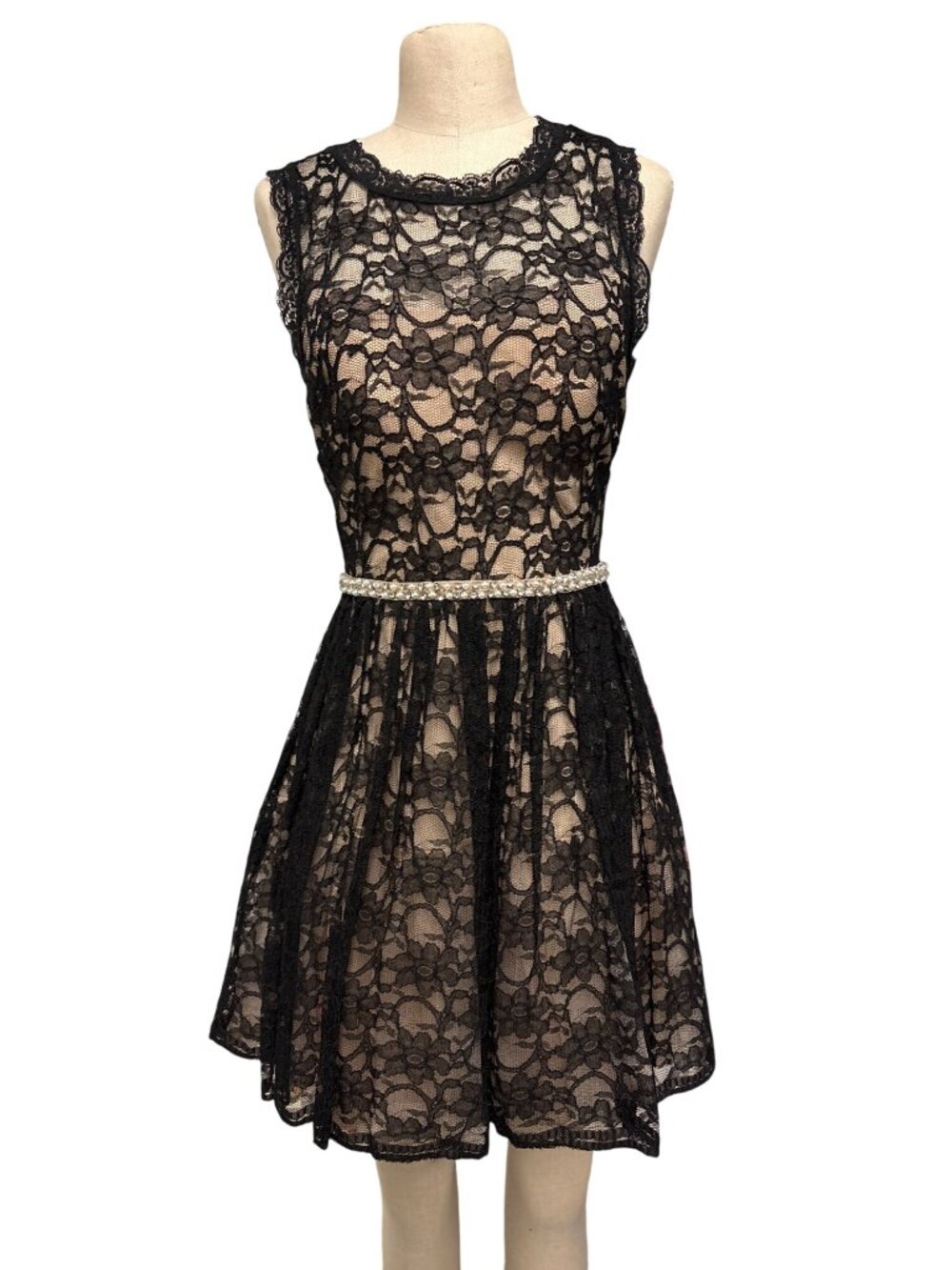 City Studio Black Floral Lace Sleeveless Dress With Nude Lining Pearl Beaded Wai